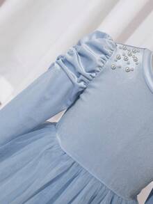 Glamorique Kids 女童红色泡泡袖珍珠装饰时尚连衣裙，薄纱设计，适合圣诞节及各种场合；浅蓝色女童连衣裙；女童泡泡袖连衣裙；少女蓝色连衣裙 - 淺色水洗藍 - 查看 3