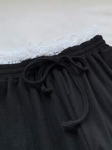 SHEIN EZwear Women Contrast Color Contrast Lace Drawstring Waist Loose Wide Leg Casual Pants - Black - View 3
