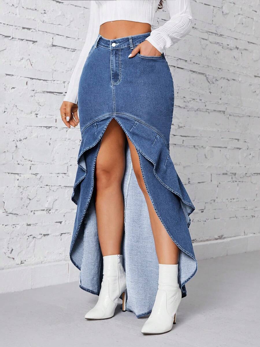 EMERY ROSE Chân váy bút chì denim xẻ cao dáng đuôi cá thời trang và thanh lịch dành cho nữ - Màu xanh lam - Xem 1