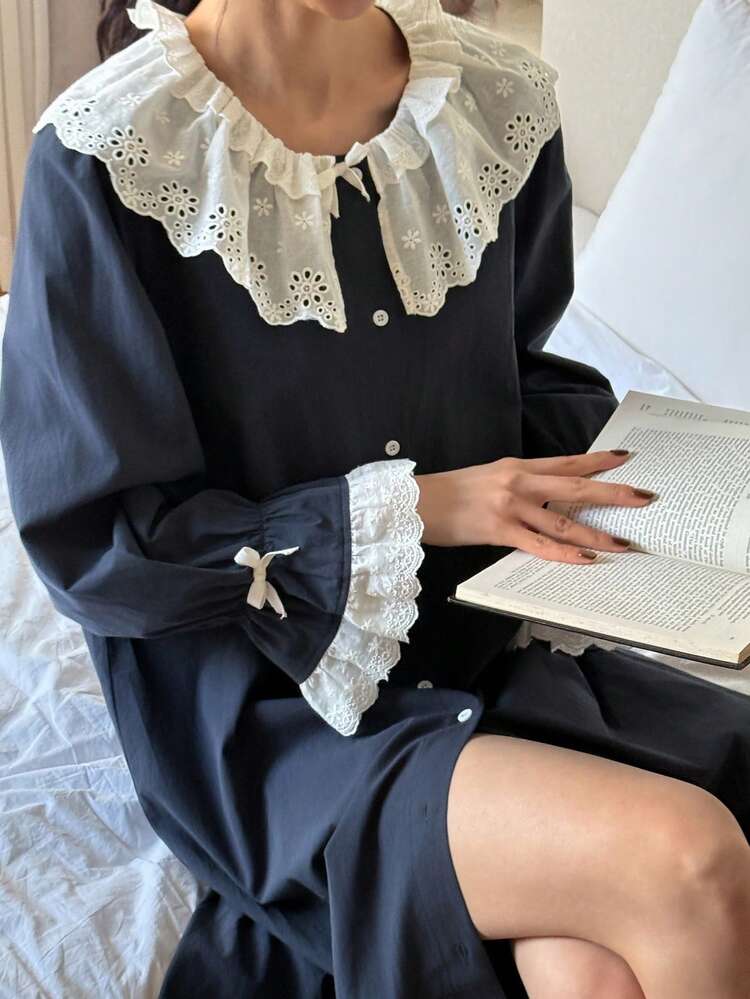 Sweet Contrast Color Ruffle Trim Loose Long Women Nightgown