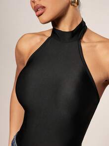 Hauture 女士纯色露背吊带连体衣，紧身百搭 - 黑色 - 查看 5