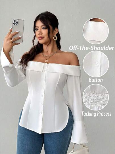 Elenzga Plus Size Women's Elegant Solid Color Fabric Off Shoulder Design, Cinched Waist, High-End Outdoor Wear, Commuter-Friendly Slimming Open Slit Design, High-End Versatile Blouse
