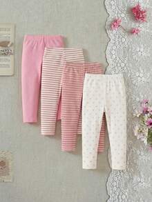 SHEIN 4件套女婴时尚俏皮裤装，面料柔软，适合上学、室内外活动，秋冬季穿着。