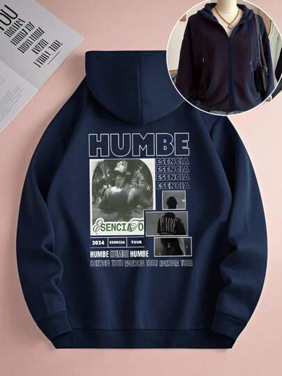 Mujer005-1 Sudadera con capucha y cremallera para mujer invierno sudadera de manga larga cómoda suave Sudadera con capucha azul oscuro con diseños impresos exclusivos 2024, HUMBE y ESENCIA, ideal para fans y look casual atractivo