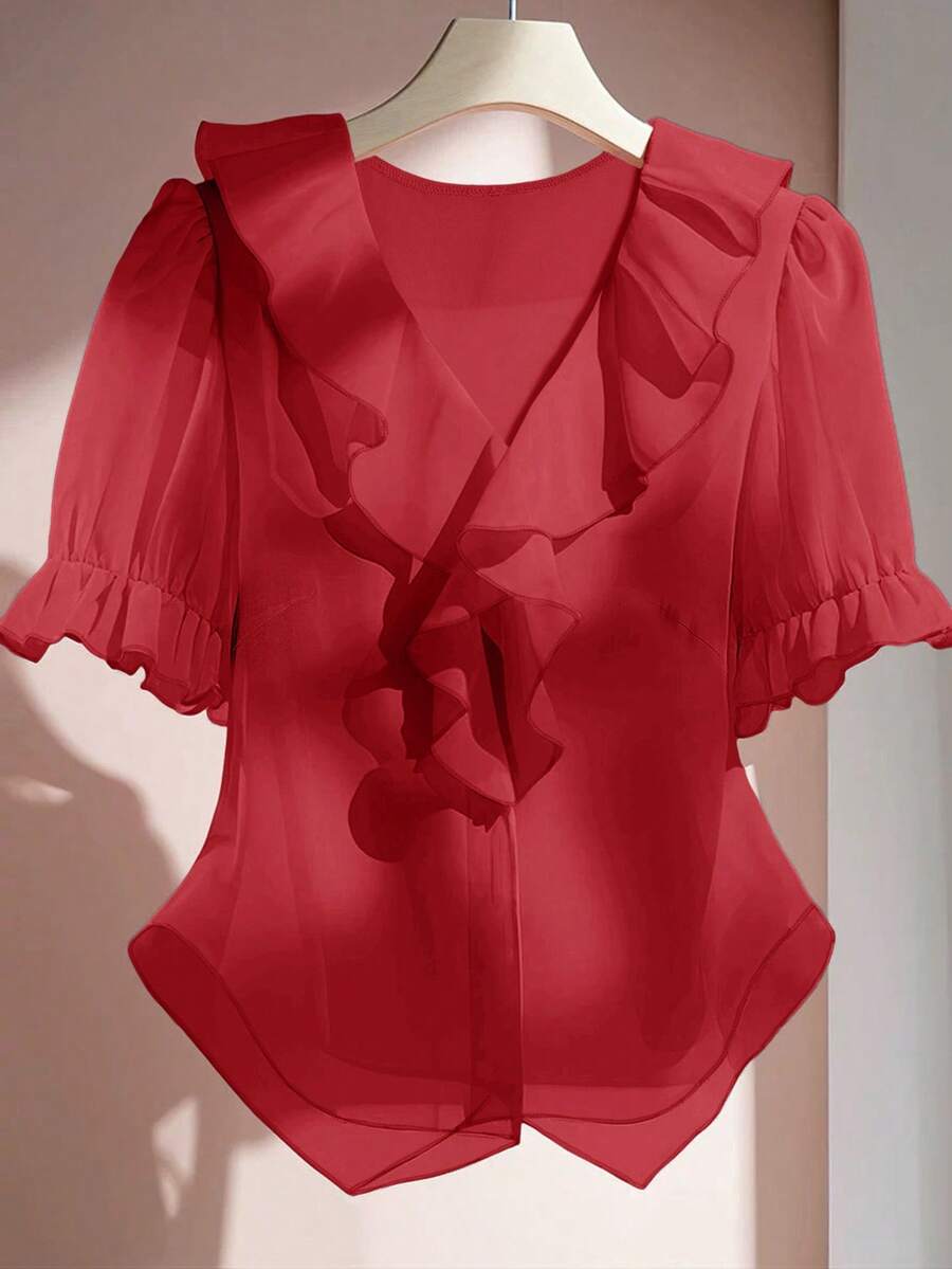 SHEIN Clasi Plus Size Plain Simple Ruffle Hem Short Sleeve Shirt, Going Out Tops - Red - View 1