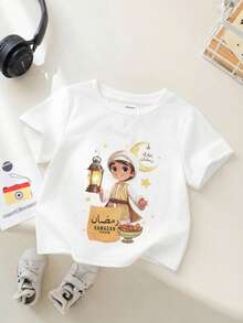 SHEIN Baby Boy/Girl  Casual Cartoon Print Short Sleeve Crew Neck Top, Suitable For Summer, Classic Cute Little Boy Pattern Print, Stars, Moon, Lantern - White - View 6