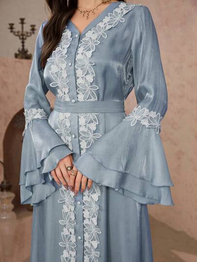 Al Najma 女士V领开衫喇叭袖蕾丝边花卉图案长袍连衣裙