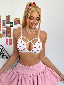 Eraneu 1pc Front Closure Cute Bralette, Thin Cup Lingerie For Valentine's Day - Red and White - View 5