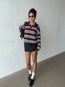 Aloruh Women's Autumn/Winter Striped Polo Shirt, Retro Y2K Style Casual Top For Spring Long Sleeve Fall Top