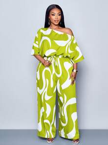 SOLERSUN Conjunto de blusa con cuello asimétrico y estampado integral y pantalones para uso diario para mujer - Verde - Ver 5