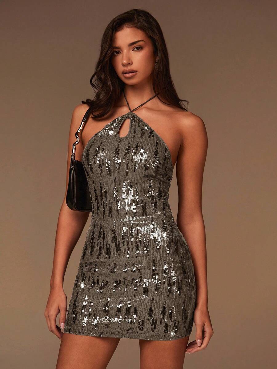 Athîral Women's Fashionable Sexy Sequin Backless Halter Mini Dress - Coffee - View 1