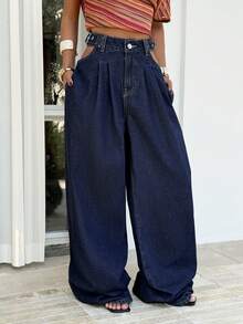 Sunnyshic Casual Washed High Waist Wide Leg Jeans - Dark Wash - View 6