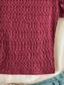 SHEIN Tween Girls' Casual Vacation Home Patchwork Embroidery Lace Trim Textured Knit Fitted Cropped Square Neck T-Shirt Square Neck Top Ruffle Top - Burgundy - View 4