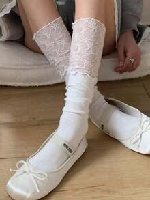 Joivida 1双可叠穿女式蕾丝边过膝袜芭蕾舞风格系带靴袜针织腿套，可爱甜美风春秋冬必备时尚爆款芭蕾时尚配饰 - 彩色 - 查看 4