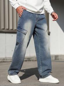 Manfinity Homme 秋冬休闲水洗蓝色复古修身直筒工装口袋褶皱牛仔裤 - 藍色 - 查看 4