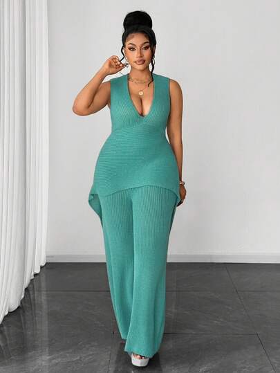 Maweii Women's Casual Vintage Minimalist Design Sleeveless V-Neck Asymmetric Hem Fitted Solid Color Pullover Top And Elastic Waist Straight Leg Pants Plus Size Knit Suit, Suitable For Spring/Summer, Daily, Vacation, Dining Out