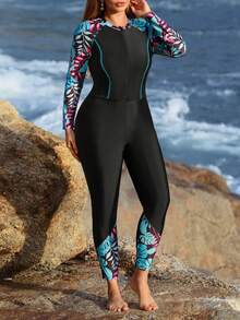 Swim Mulvari Áo tắm liền thân tay raglan in họa tiết cây nhiệt đới dành cho nữ cỡ lớn, kèm quần. - màu đen - Xem 4