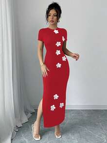 Elenzga Women's Elegant Sexy Short Sleeve Dress, Casual Spring/Summer, Black Stretchy Knit Fabric, Fitted Silhouette, White 3D Floral