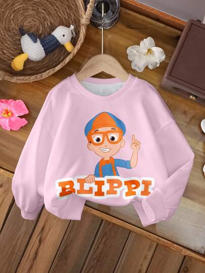 Blippi X SHEIN Young Girl Casual Letter & Cartoon Graphic Crew Neck Sweatshirt, Autumn