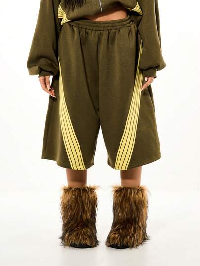 SUMWON WOMEN Oversized Contrast Yellow Striped Bermuda Style Culottes Wide Leg Summer Loungewear Shorts