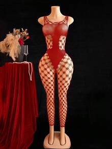1pc Women's Sexy Hollow Out Mesh Sleeveless Bodysuit - Red - View 3