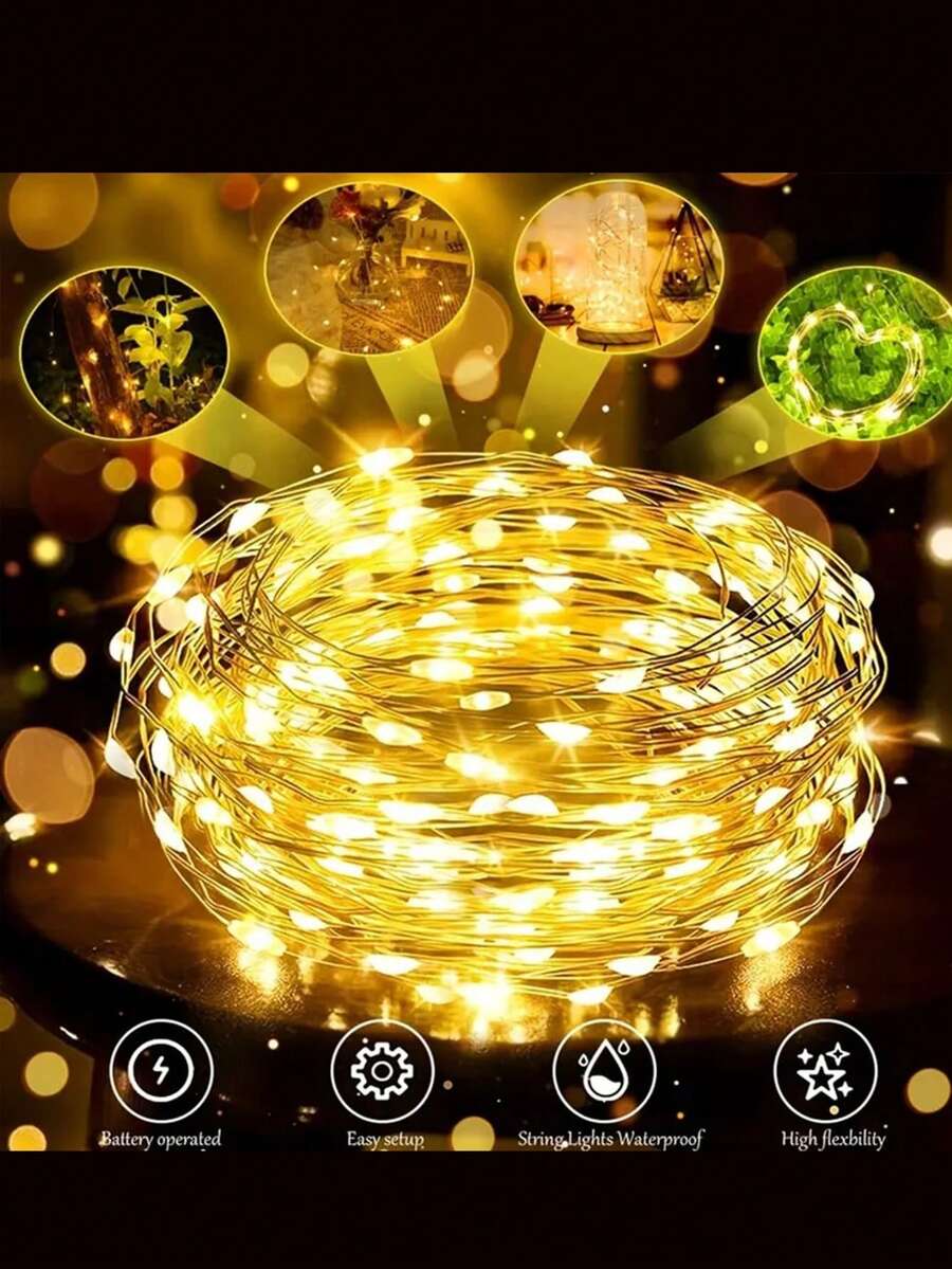 20米/200颗LED灯串,电池供电铜线灯串,适用于礼品、装饰、卧室、圣诞节、派对、婚礼、花束、花园,3米/5米/10米/15米/20米(不含电池) - 暖白色 - 查看 1