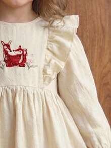 Blossori Young Girls' French Elegant Deer Embroidery Ruffle Trim Round Neck Long Sleeve Dress - White - View 4
