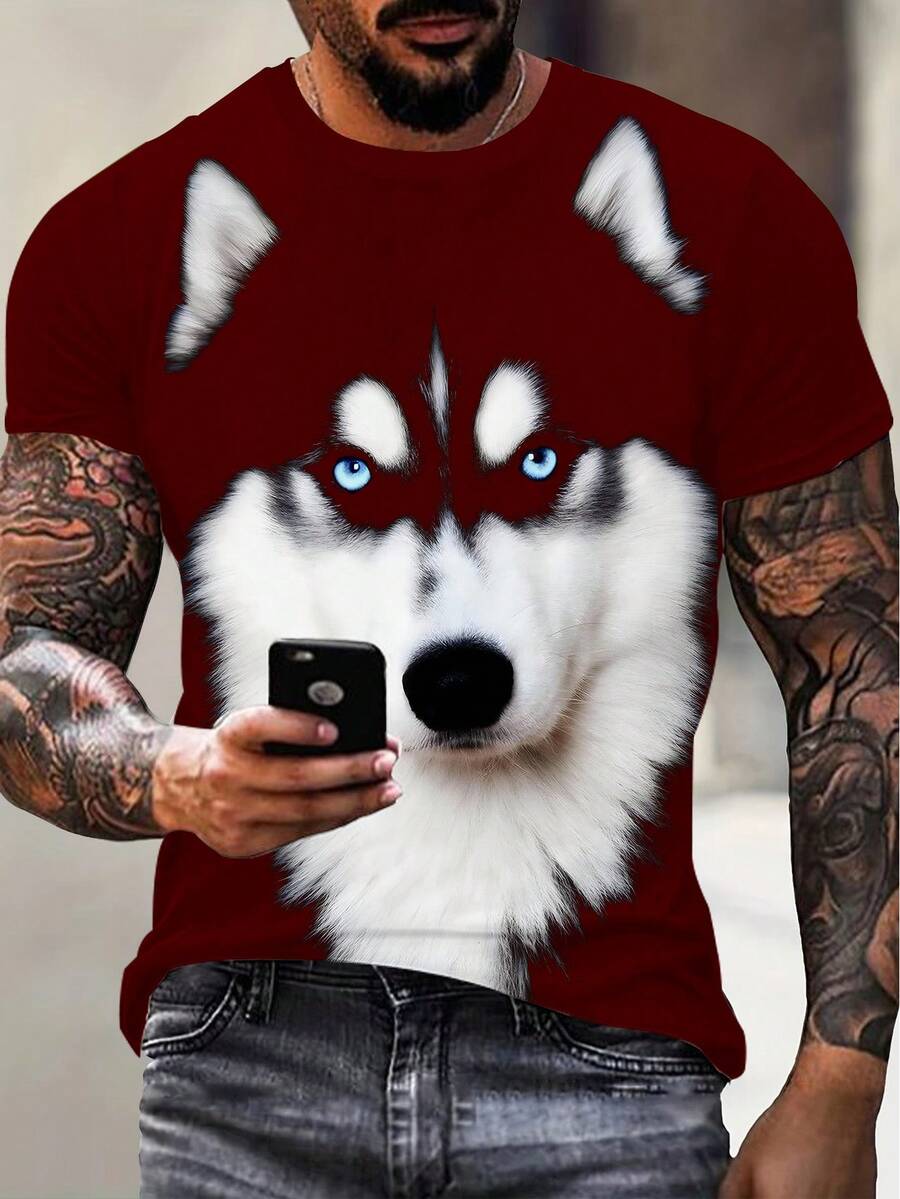 Manfinity LEGND Áo thun nam cổ tròn dáng thường ngày với họa tiết chó Husky sống động. - Nhiều màu - Xem 1