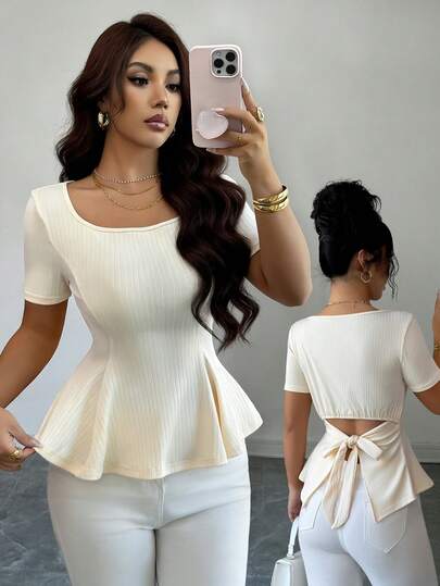 Rafferiza Women's Solid Color Round Neck Short Sleeve Backless Bow Tie Ribbed Casual T-Shirt, Suitable For Spring And Summer Wear