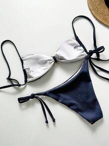 Swim Vcay Bộ bikini hở lưng họa tiết vải trơn màu trang trí kim loại dành cho nữ, thích hợp đi biển và nghỉ dưỡng - Màu xanh hải quân - Xem 2