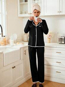 Doze Lane Soft Knit Floral Mesh Contrast Color French Casual Cardigan With Buttons, Loungewear/Sleepwear Set Pajama Sets For Women Black Long Sleeve Lounge Set - Black - View 6