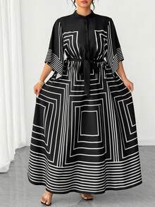 Elenzga Đầm dài tay dáng chữ A, cổ bẻ, họa tiết sọc đen trắng, cỡ lớn, thanh lịch, thích hợp cho công sở, màu đen. - màu đen - Xem 7
