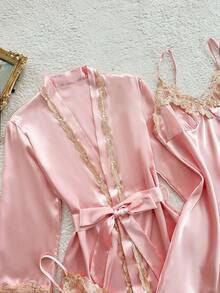 5件套撞色滚边仿丝吊带背心、短裤、长裤、睡袍、睡裙