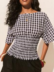 Poéselle 女士圆领短袖格子修身衬衫，女士外出上衣，优雅女士衬衫，女士休闲衬衫，女士沙滩装，女士度假装，夏季上衣，春夏款 - 黑與白 - 查看 5