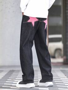 Manfinity EMRG 男士口袋纽扣五角星拼接休闲通勤阔腿牛仔裤 - 深色水洗藍 - 查看 3