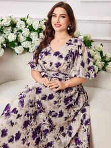 Modelyn 大码女士优雅印花收腰A字连衣裙 - 紫色 - 查看 4