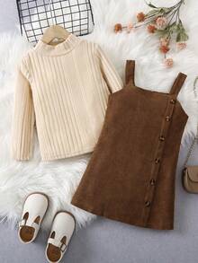 Young Girl Solid Color Long Sleeve T-Shirt And Button Design Suspender Skirt Set - Brown - View 6