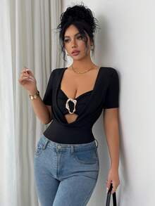Body elegant pentru femei Elenzga, guler ascuțit, decor cu frânghie metalică, mânecă lungă, 2 în 1, negru - Negru - Vizualizare 5