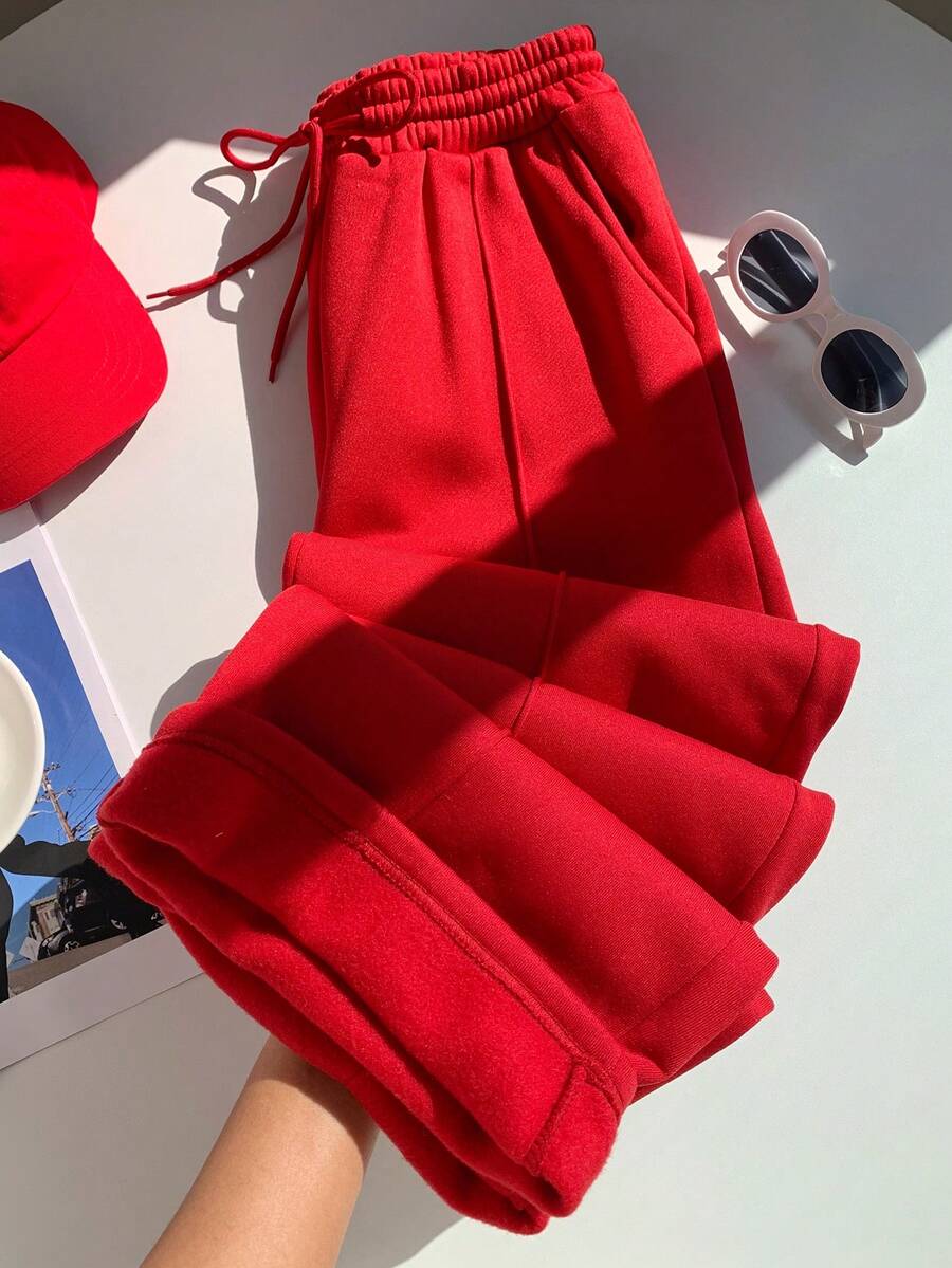 SHEIN EZwear Pebble Seam Detail Straight Leg Sweatpants - Red - View 1