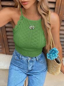 Serisse Women Solid Lace Splice Halter Neck Slim Fit Crop Top,Summer Top - Green - View 5