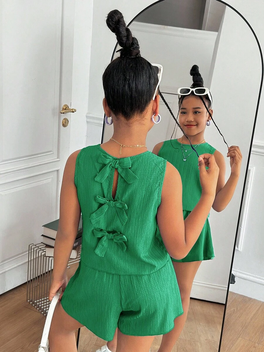 2pcs/Set Tween Girls Casual Textured Fabric Bow Back Camisole Top And Shorts Set - Green - View 1