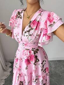 SHEIN Elenzya 荷叶边袖V领收腰A字印花优雅浪漫连衣裙，适合茶会、乡村度假、旅行等场合。 - 彩色 - 查看 5