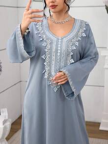 Al Najma Women's Elegant Blue Long Sleeve Floral Lace Collar Arabic Style Dress, Autumn - Blue - View 7