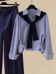 Franclia 通勤简约衬衫领长袖条纹腰部宽松休闲女式衬衫 蓝色条纹衬衫系带衬衫商务休闲女式衬衫领结衬衫蝴蝶结衬衫商务休闲女式衬衫航海风女式学院风女式法式水手风女式衬衫