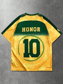 ROMWE MEN Prep 男士圆领时尚足球印花短袖T恤，夏季 - 黃色 - 查看 2