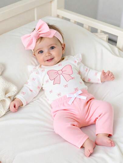 SHEIN Newborn Baby Round Neck Ruffle Trim Long Sleeve Bow Decor Comfortable Breathable Top And Pants Set