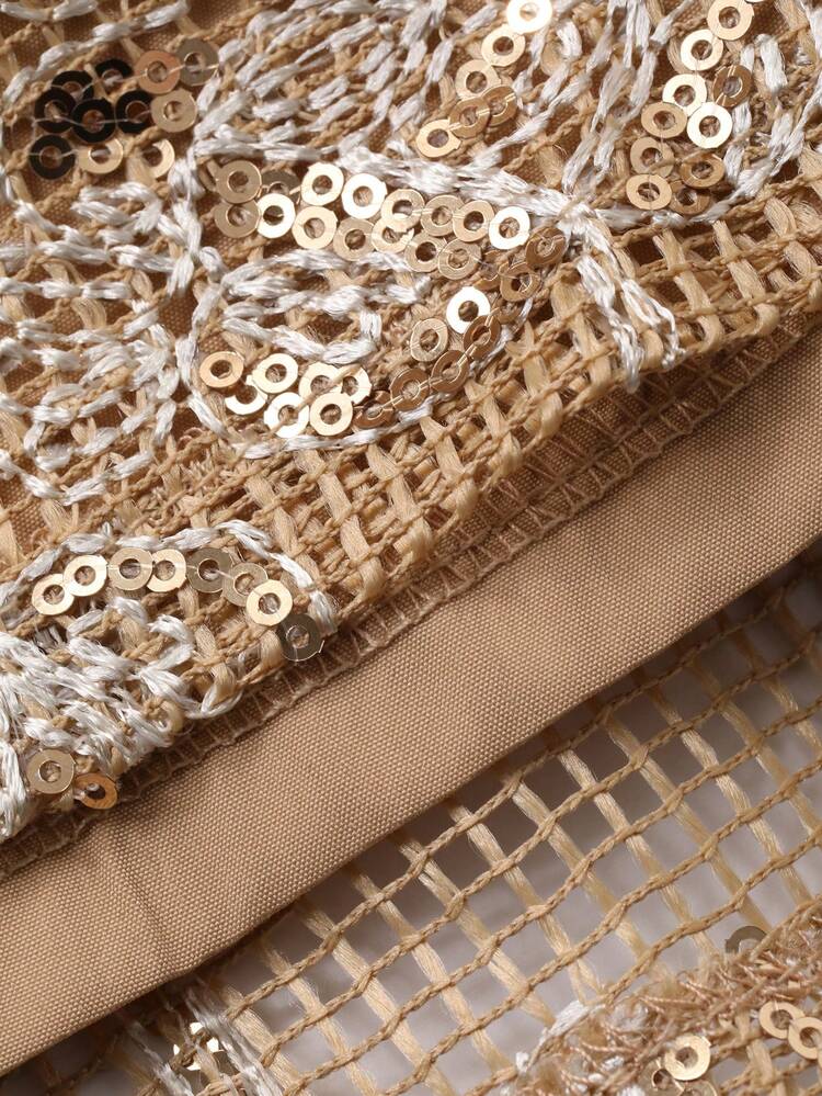 Women's Sleeveless Jacquard Sequin Fabric Round Neck Long Elegant Vacation Tank Top, Spring/Autumn New Years Women Carnival