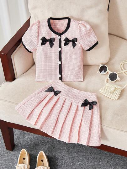 2pcs Baby Girl Colorful Bow Decor Puff Sleeve Top And Pleated Skirt Set, Comfortable Casual Outfit For Party, Holiday, Outdoor, All Season