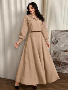 Mulvari 2件套 女士纯色长袖简约外套和宽肩带休闲连衣裙 2件套 - 鏽棕色 - 查看 3