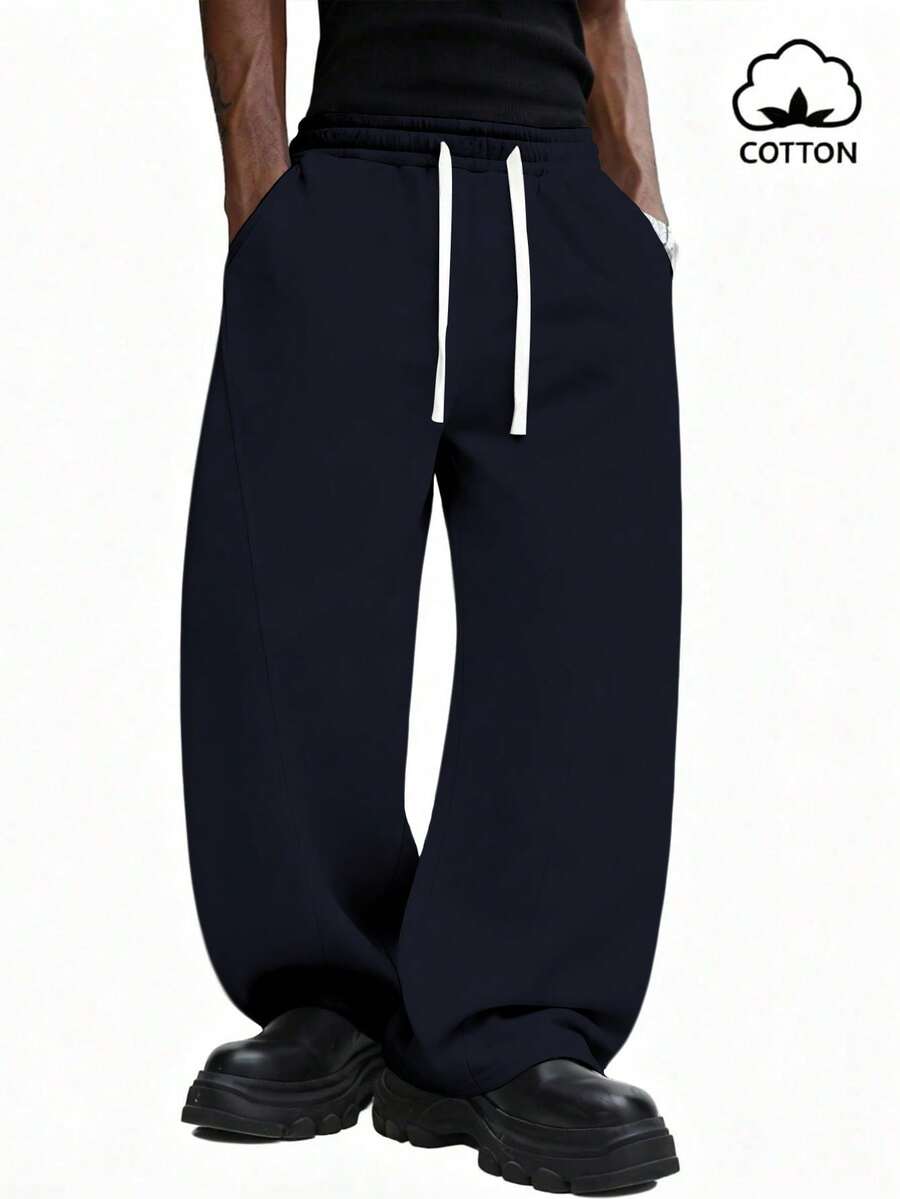 SUMWON 阔腿抽绳运动裤，弹性腰带，舒适居家休闲裤，日常休闲穿着，纯色 - 藍色 - 查看 1